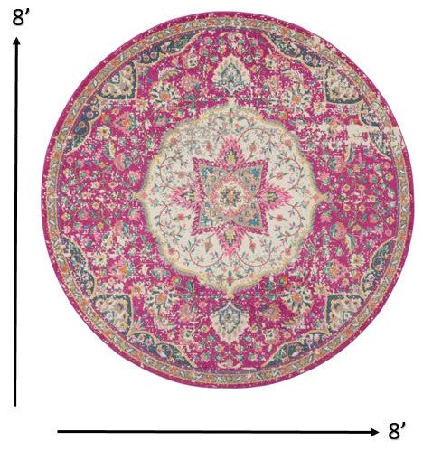8 Round Pink and Ivory Medallion Area Rug