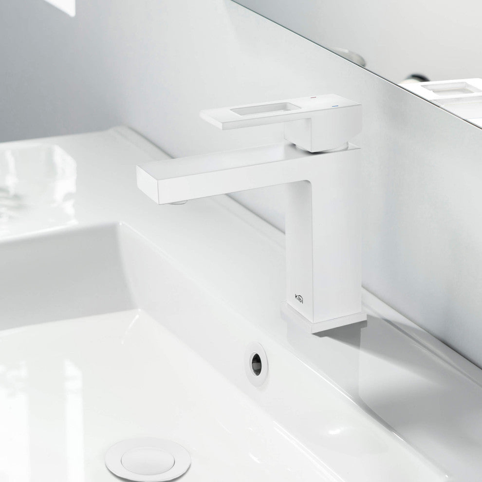 Cubic Single Hole Bathroom Faucet KBF1002, Matte White,, Drain