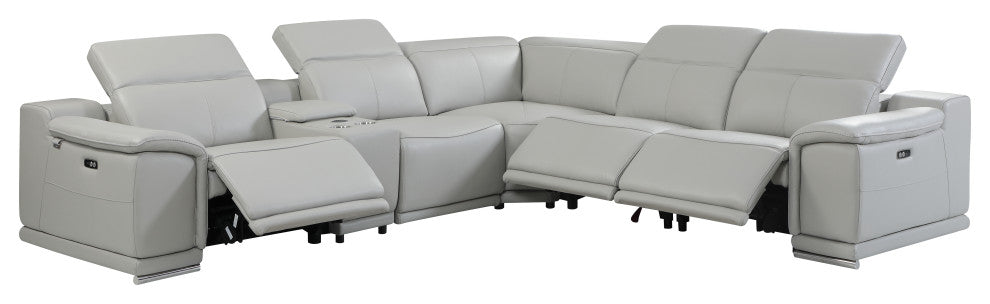 Federico 6-Piece L-Shaped Top Grain Italian Leather Sectional, Light Gray