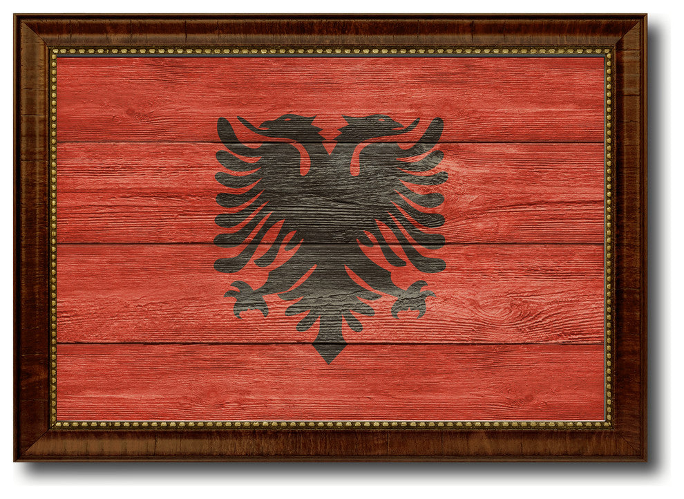 Albania Country Textured Flag Print With Brown Gold Frame, 15"X21"