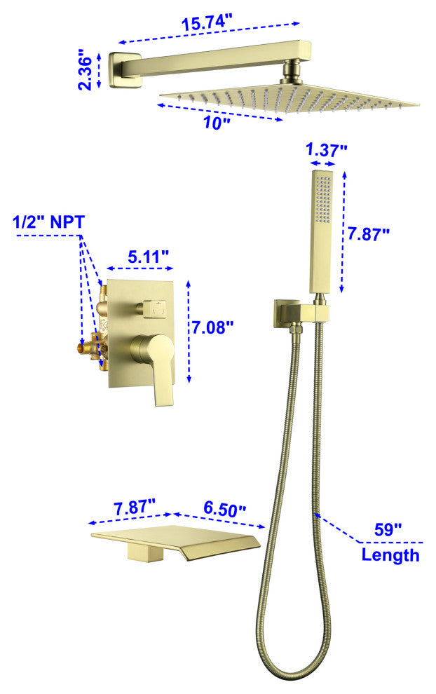 Wellfor Rainfall Shower Faucet, 10" Rain Shower Head With Handheld Combo Set, Brushed Gold