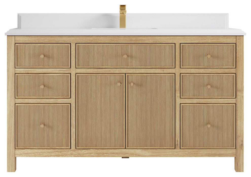Sonoma 60 Single Bathroom Vanity in Light Natural Teak with 1.5" White Quartz