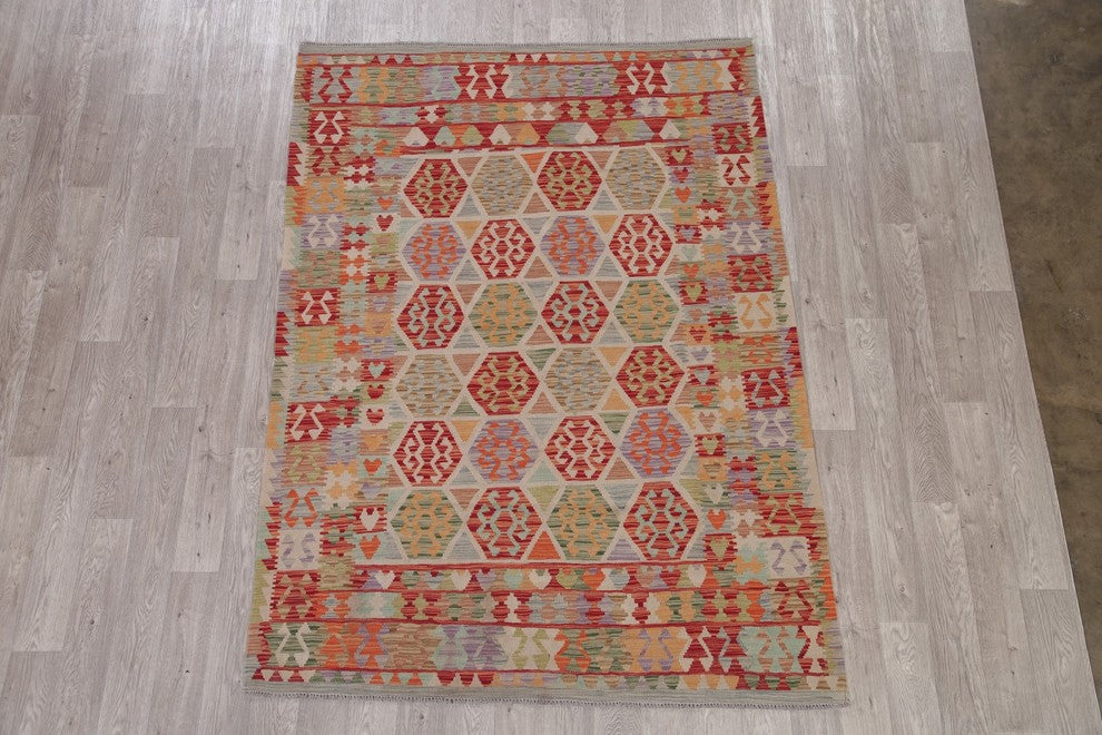 Turkish Flat-Woven Oriental Kilim Pure Wool Traditional Area Rug, 7'10"X5'9"