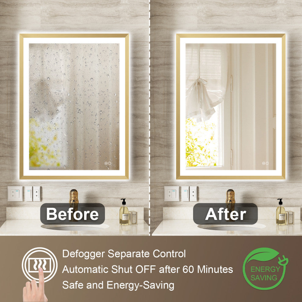 Beveled Bathroom LED Mirror Framed, Backlit and Front Light, Gold, 24"x32"