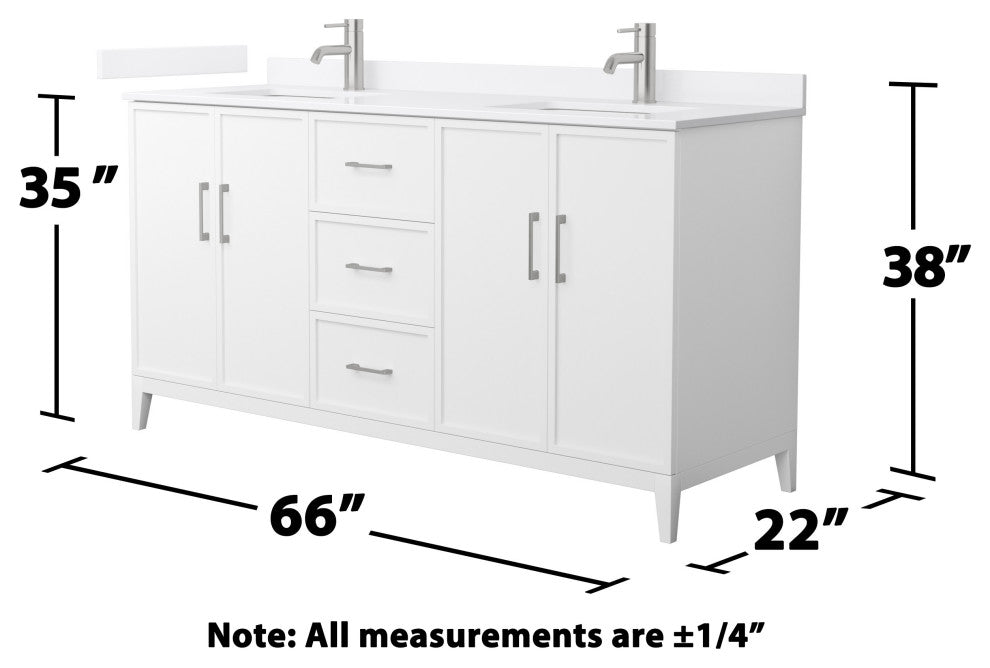 Elan 66" Double Vanity, White, White Quartz Top, 1-Hole, Nickel Trim
