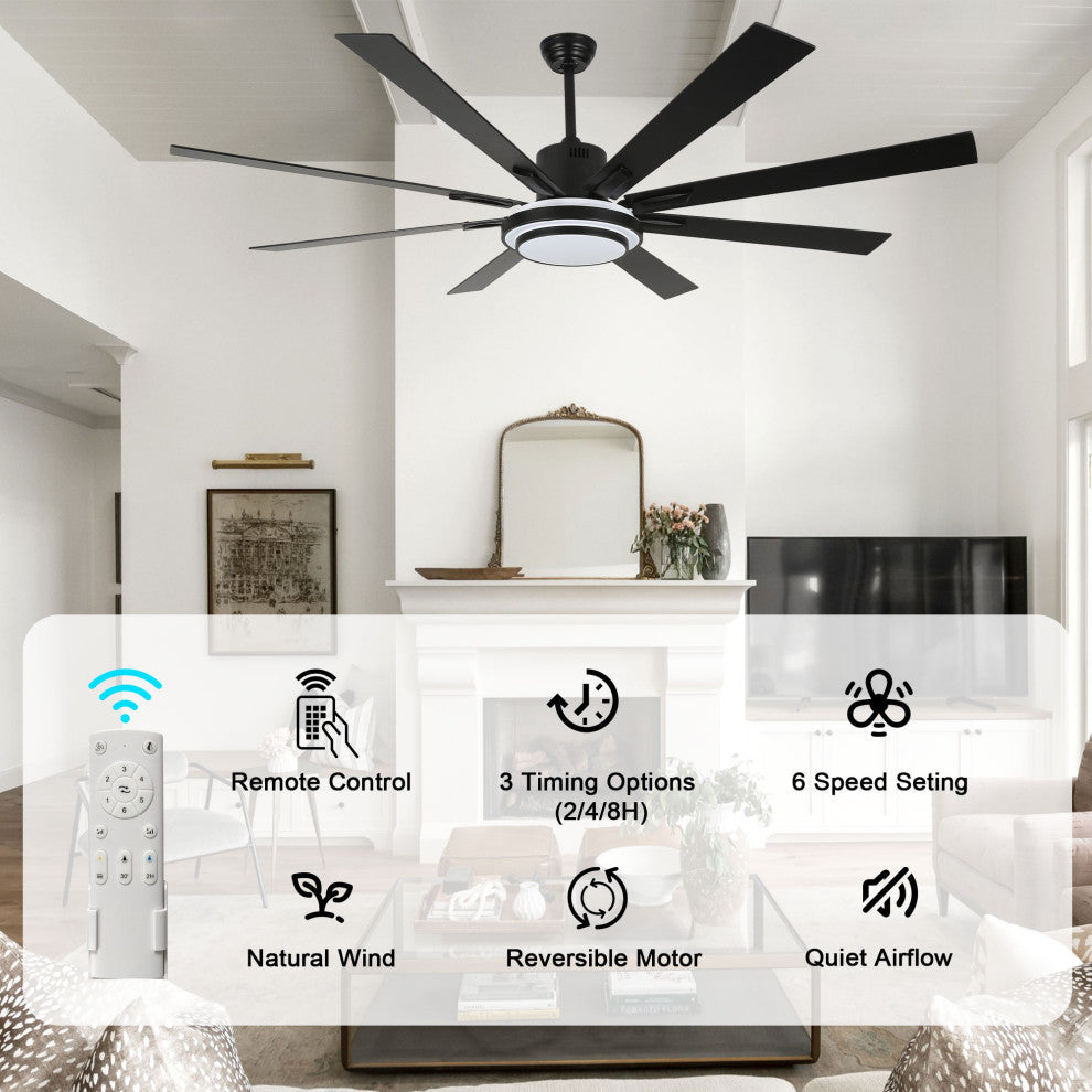 72" Modern Ceiling Fan with Reversible Blades, Dimmable Light and Remote, Black, 72"