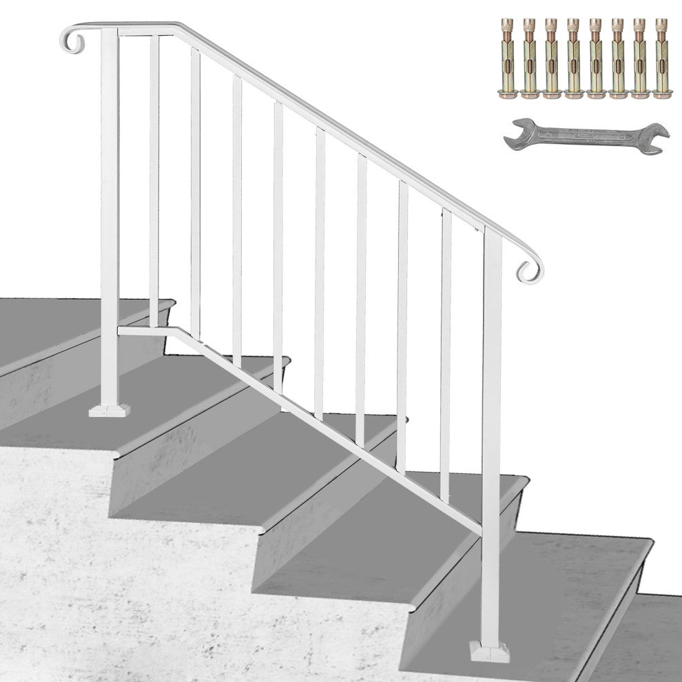 Wrought Iron Handrail Outdoor Stair Rail with Installation Kit, White, Fit 3-4 Steps
