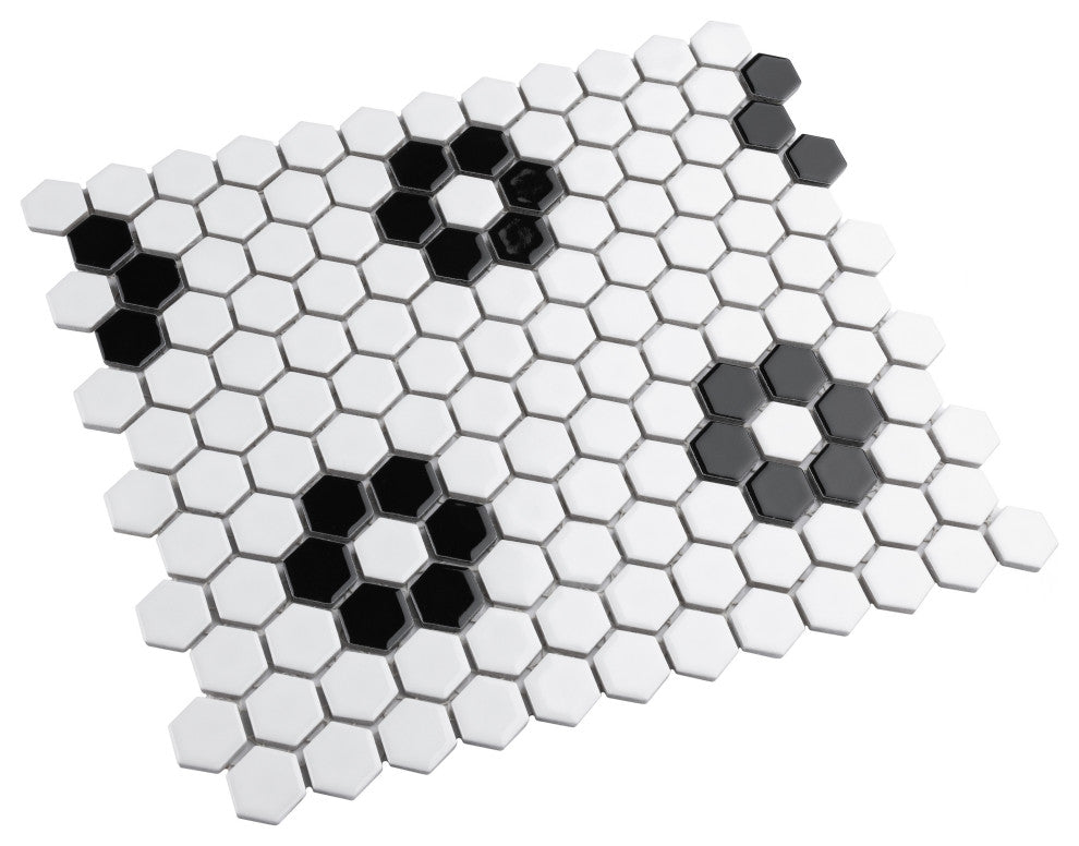 Metro 1" Hex Porcelain Mosaic Floor and Wall Tile, Glossy White With Heavy Flower