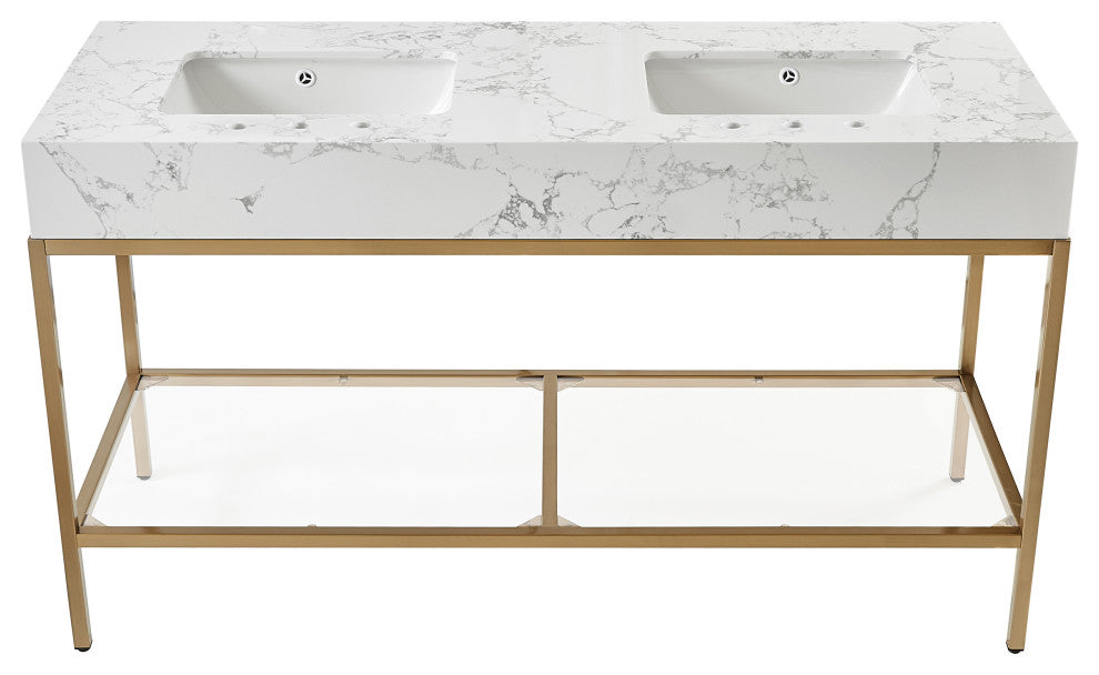 Marmo Bathroom Vanity, White, 60" Wide, Brushed Brass Finish