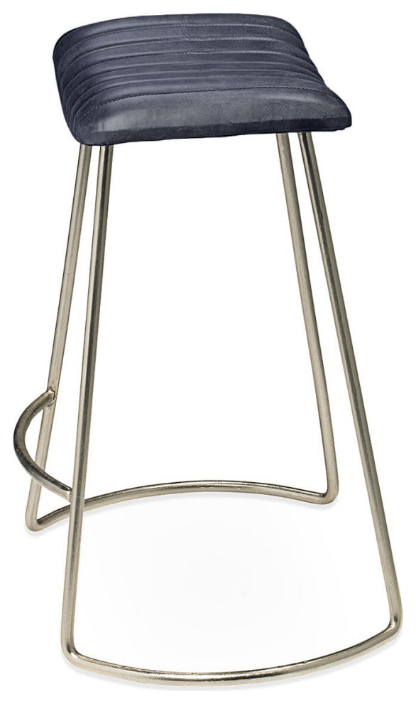 Vintage Style Curved Leather Seat Counter Stool Charcoal Gray Retro Ribbed