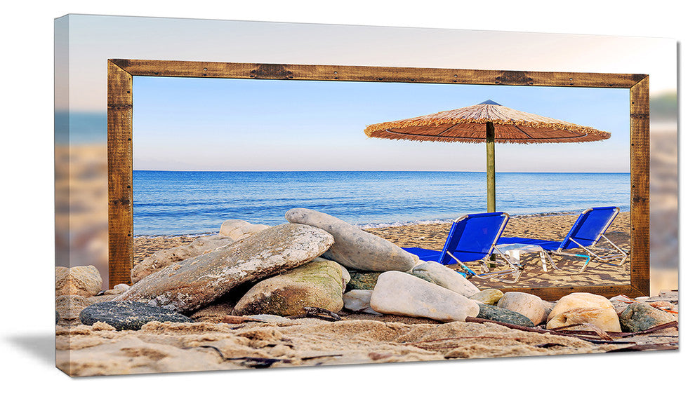 "Framed Beach with Chairs and Umbrella" Seashore Canvas Print