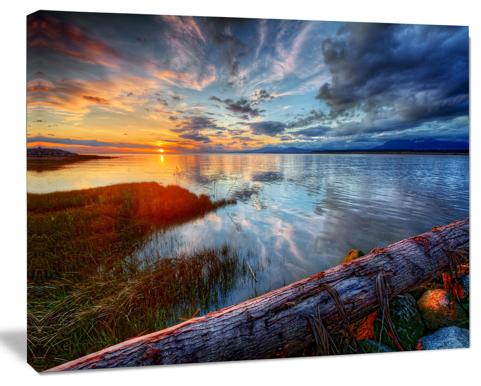 Colorful River Sunset With Log, Seashore Canvas Art Print, 60"x28"