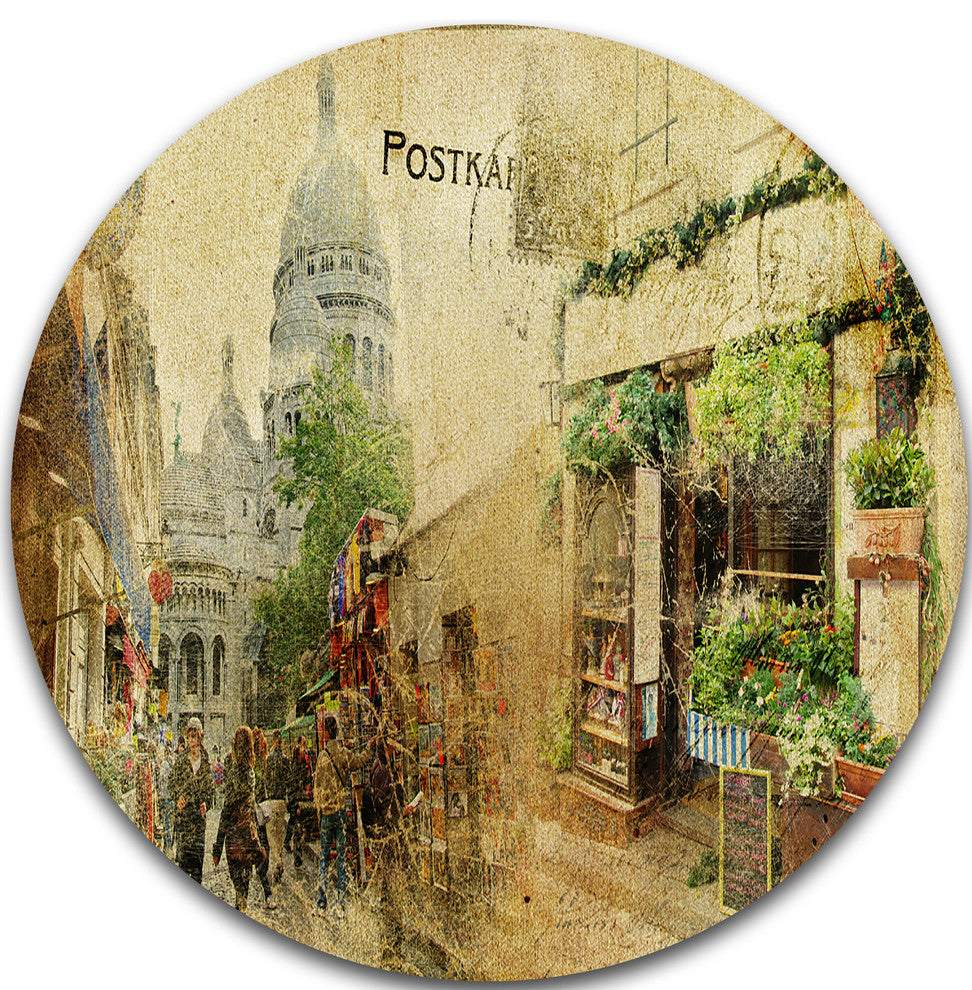 Vintage Parisian Cards, Contemporary Round Metal Wall Art, 36"
