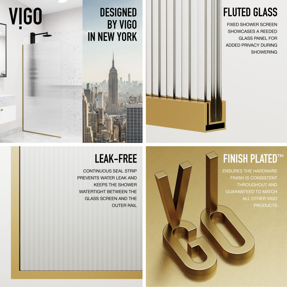 VIGO Zenith Frameless Fixed, Matte Gold, Shower Screen, 34" W X 74" H, Fluted Glass