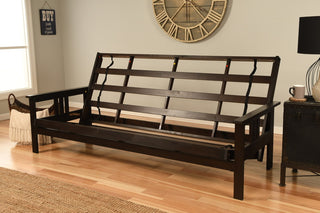 Caleb Frame Queen Futon With Espresso Finish, Espresso, Suede Blue