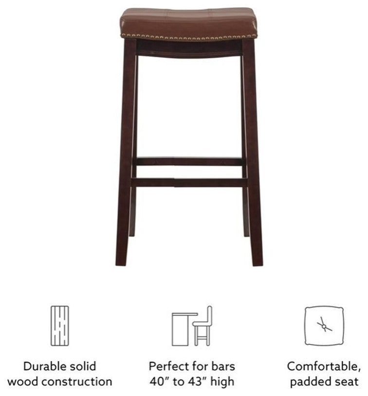 Linon Claridge Backless Bar Stool Cognac Faux Leather Wood Frame in Espresso