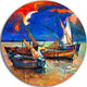 Fishing Boats Under Blue Sky, Seascape Painting Disc Metal Artwork, 11"