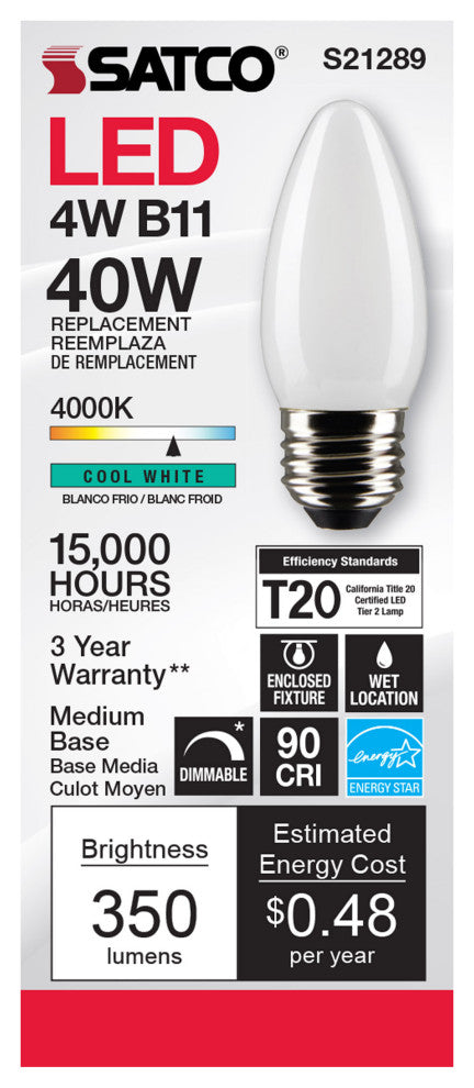 4W B11 LED, Frost, Medium Base, 90 CRI, 4000K, 120V