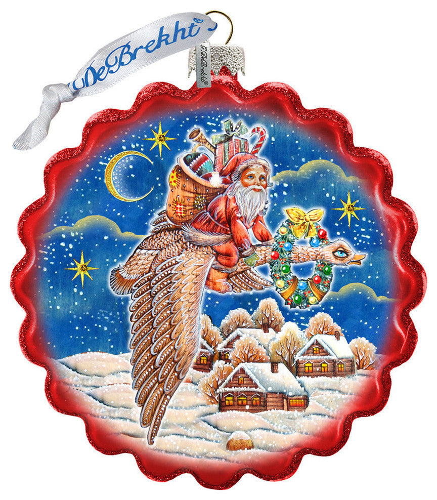 Hand Painted Glass Scenic Ornament, Santa On Goose Wreath