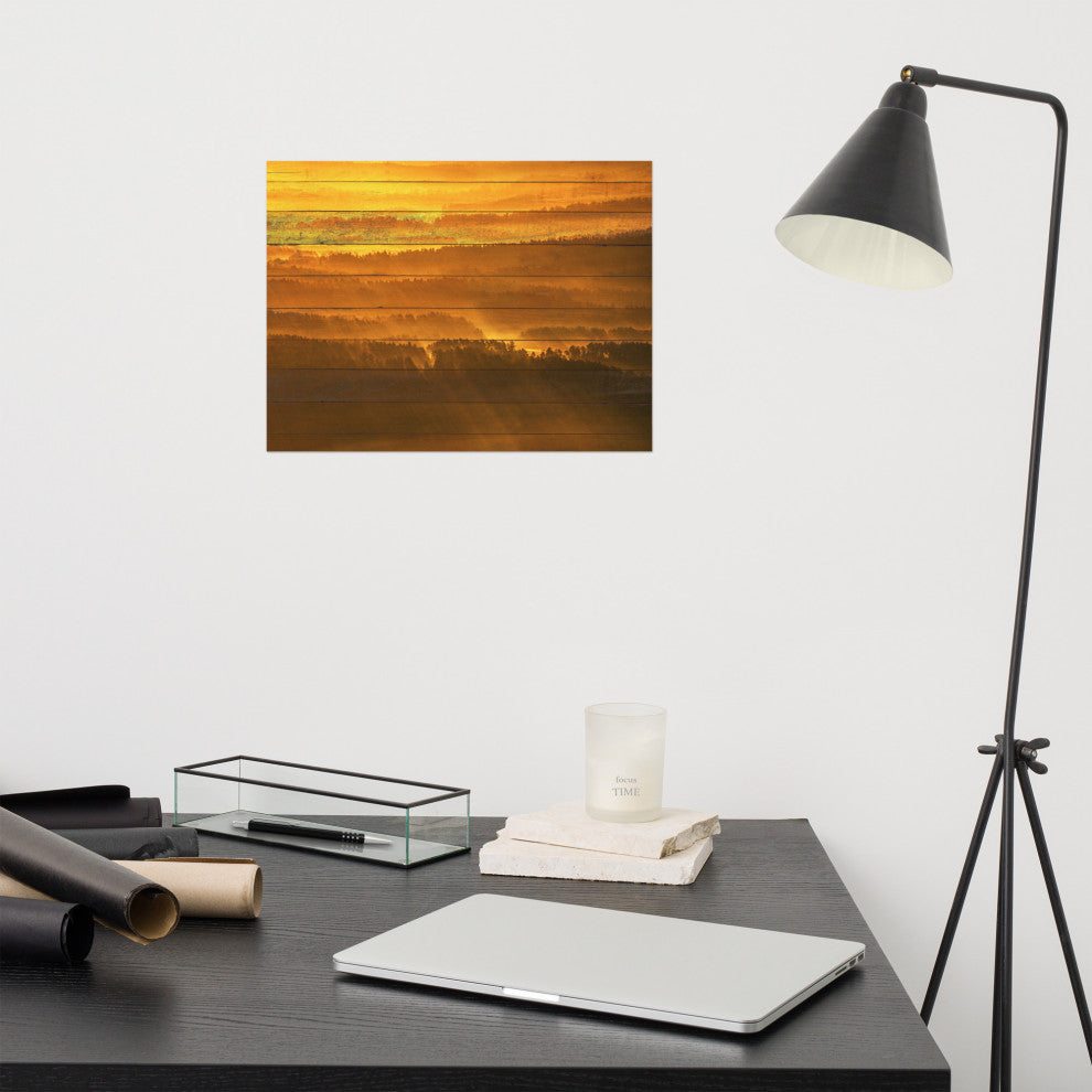 Faux Wood Golden Mist Valley - Hills & Mountain Range Wall Art Prints, 12" X 16"