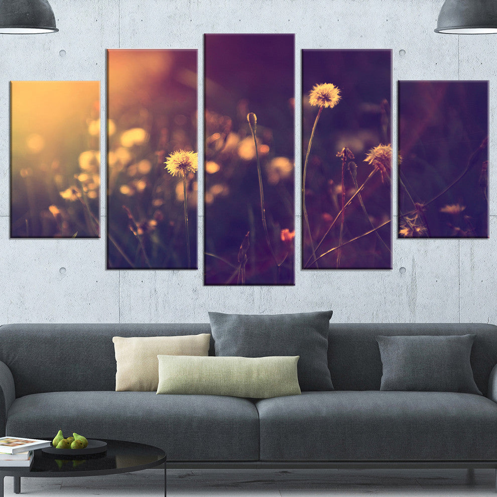 Vintage Dandelion Meadow Photo, Large Floral Canvas Art Print, 60"x32", 5 Panels