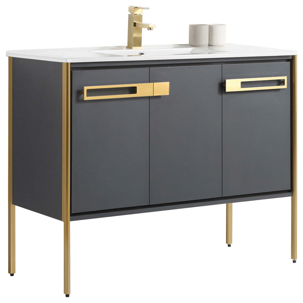 Oakville Bath Vanity, Ceramic Sink, Onix Grey, 42 Inch, Satin Brass Hardware