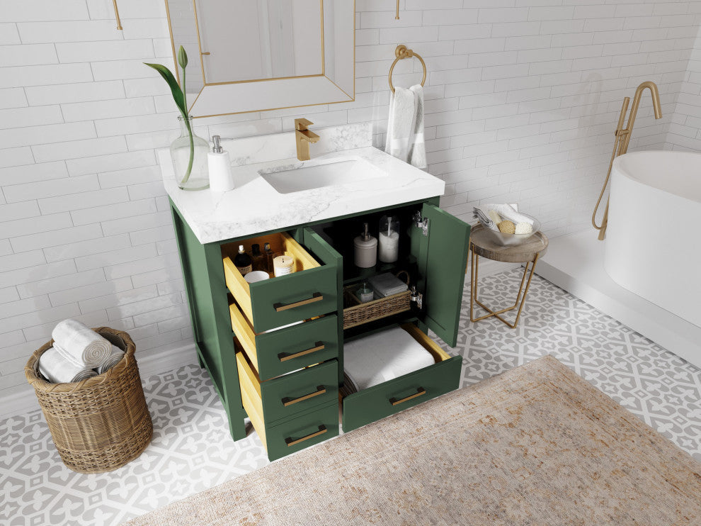 Malibu 36 Right Offset Bath Vanity in Lafayette Green 2" Carrara Quartz