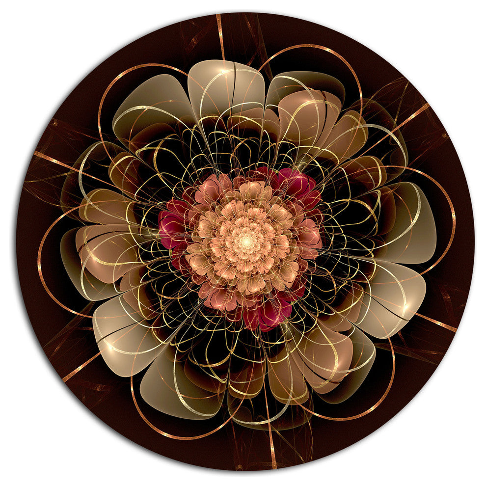Dark Gold Red Fractal Flower Pattern, Floral Disc Metal Artwork, 38"