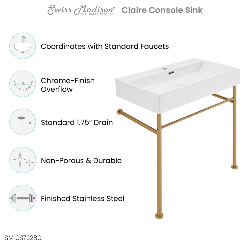 Claire 30" Ceramic Console Sink White Basin Gold Legs, Brushed Gold