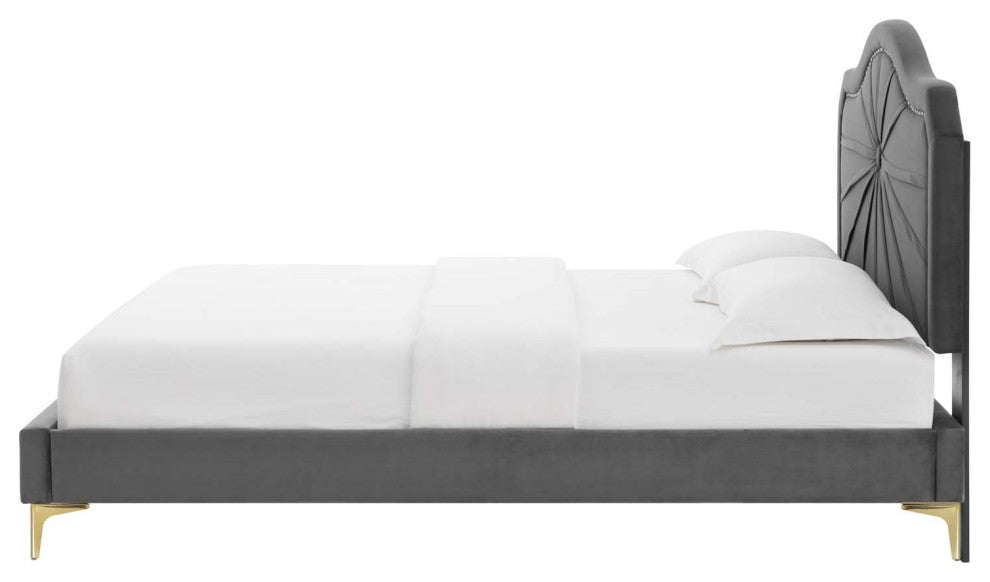Platform Bed Frame, Twin Size, Velvet, Dark Grey Gray, Modern Contemporary