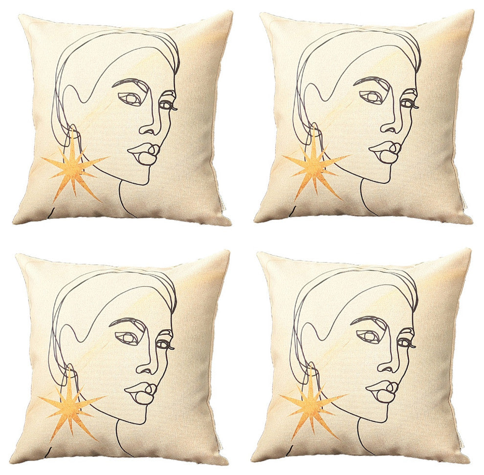 Set of 4 White Printed Art Pillow Covers