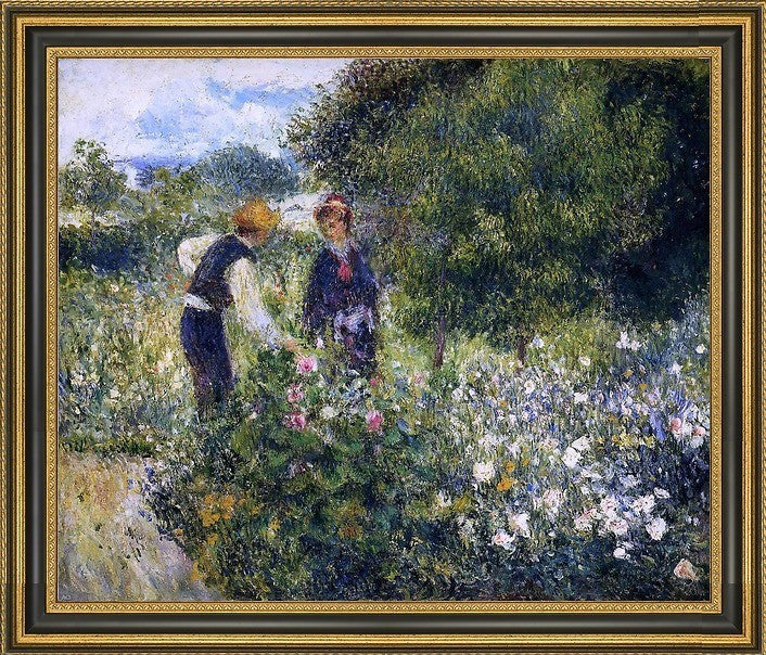 Pierre Auguste Renoir Picking Flowers Framed Premium Canvas Print, 20"x25"