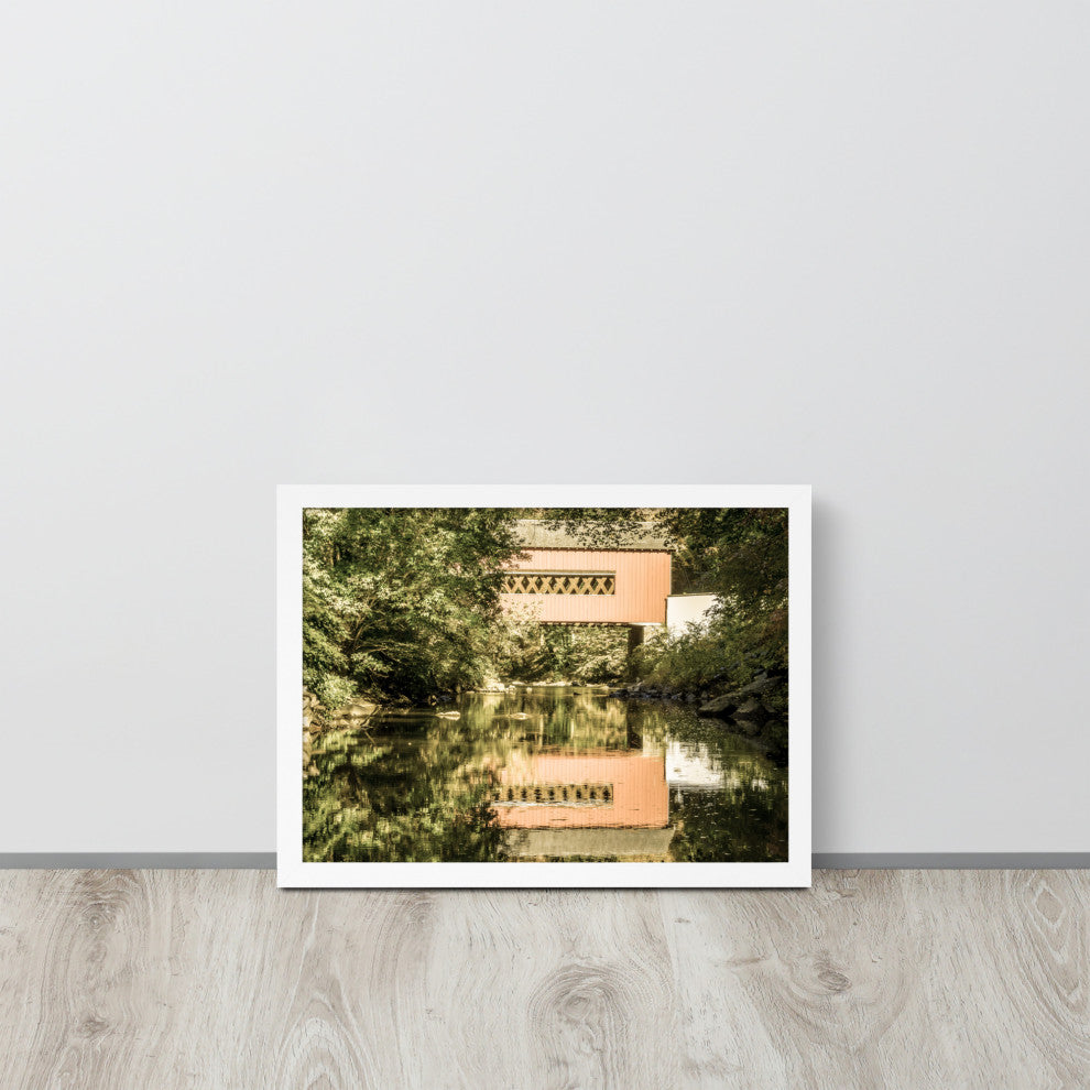 The Reflections of Wooddale Covered Bridge Aged Framed Photo Wall Art Print, White, 12" X 16"