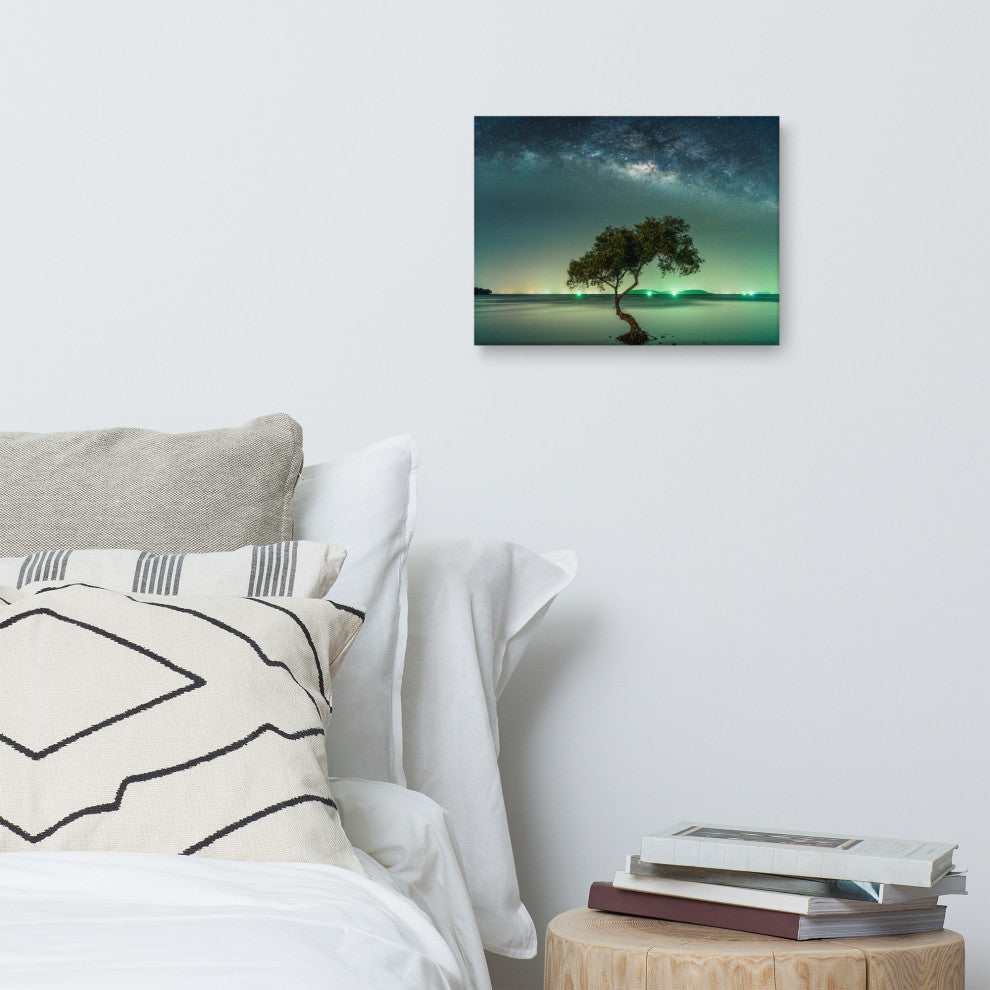 Glowing Milky Way Galaxy with Tree Canvas Wall Art Prints, 12" X 16"