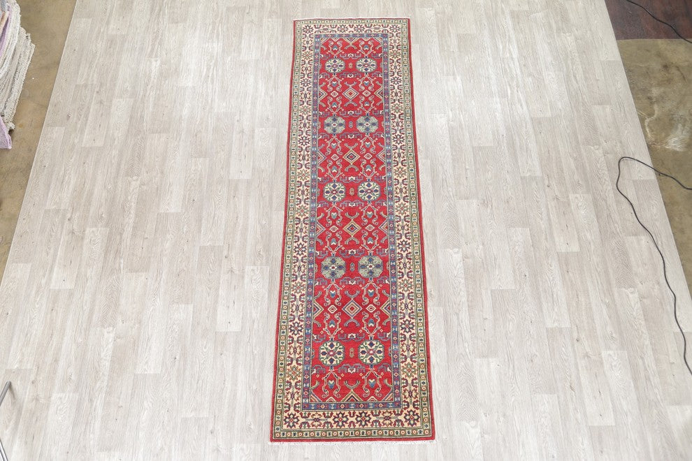 Hand Made Wool Pakistani Kazak Traditional Oriental Runner Rug, Red, 9'9"X2'10"