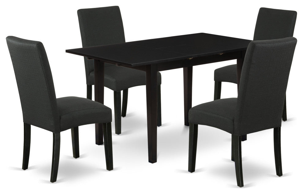 5Pc Dining Set, 4 Parson Chairs, Butterfly Leaf Dining Table, Black