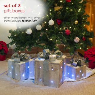 3-Piece Wooden Gift Box Christmas Decor with LED Lights, Silver