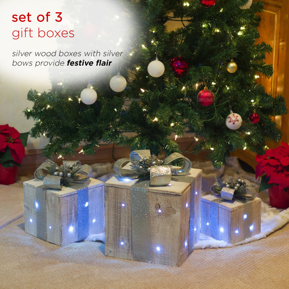 3-Piece Wooden Gift Box Christmas Decor with LED Lights, Silver