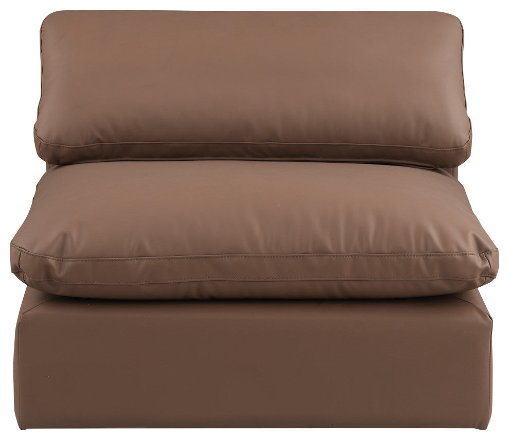 Comfy Beige Linen Textured Fabric Modular Chair, Brown, Vegan Leather, Armless Chair