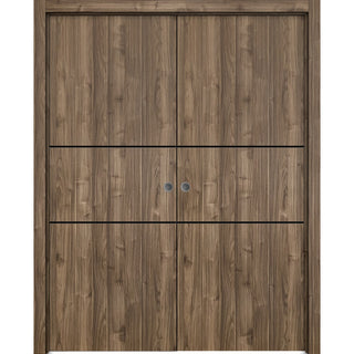 French Double Pocket Doors 60 x 96 | Planum 0014 Walnut with  | Kit Trims Rail