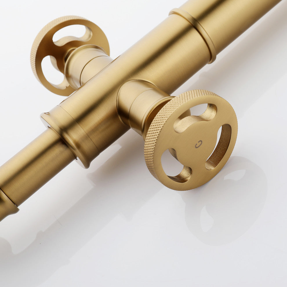 Deck Mounted Dual Handles Bathroom Vessel Sink Faucet, Brushed Gold