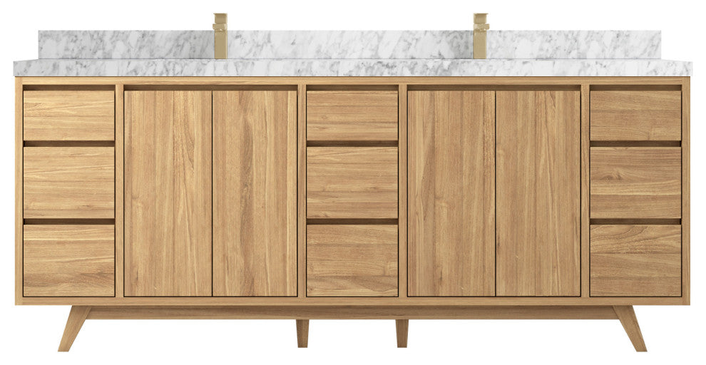 Madison Teak 84 Double Sink Bath Vanity in Light Natural 2" Carrara Marble