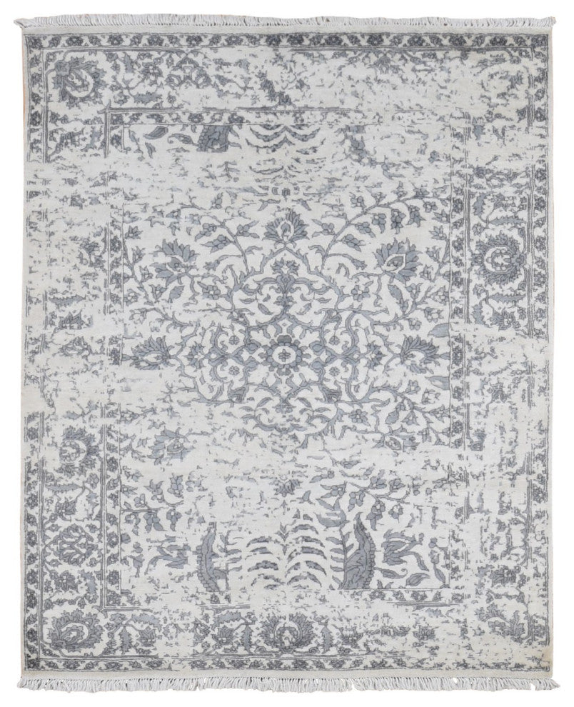 Ivory, Erased Persian Design, Plant Base Silk, Hand Knotted Rug, 5'2"x7'