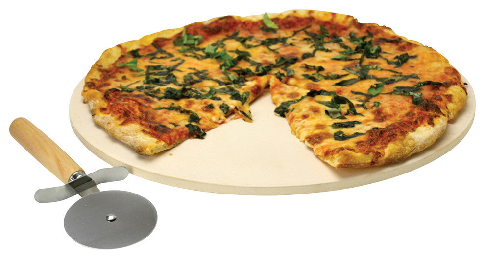 Kitchen Extras Pizza Stone 15" with Wooden Handle Cutter and Recipe Booklet