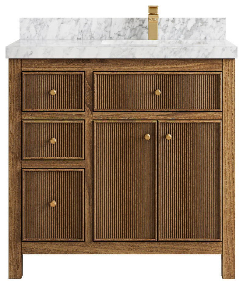 Sonoma Teak 36 Right Offset Bath Vanity in Dark Natural with 2" Carrara Marble