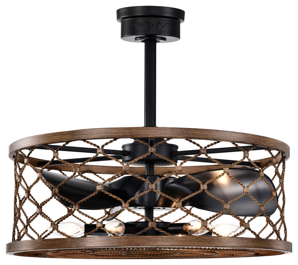 Deniz 24" 6-Light Indoor Matte Black and Faux Wood Grain Ceiling Fan