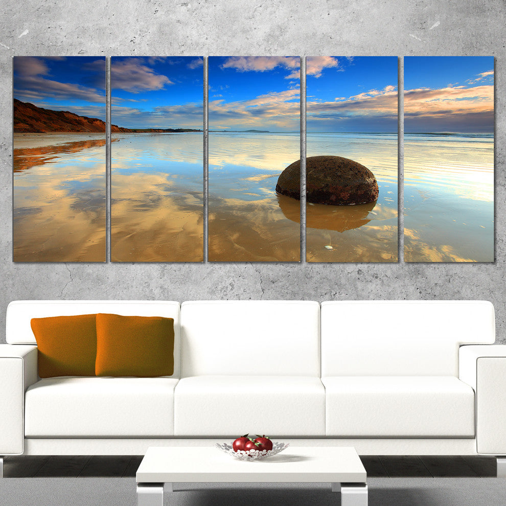 "Sunrise at Moeraki Boulders" Seashore Canvas Photo Print, 5 Panels, 60"x28"