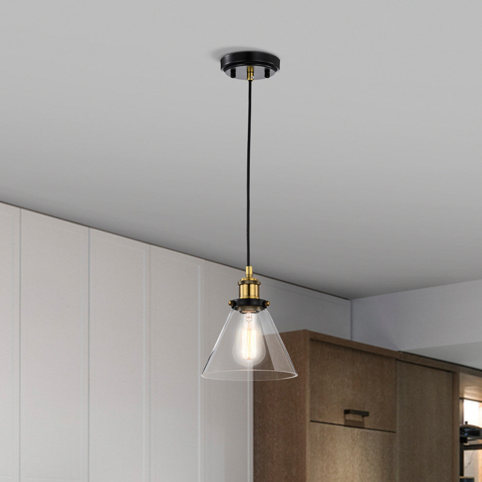 1-Light Black and Antique Brass Mini Pendant Light With Clear Glass Shade