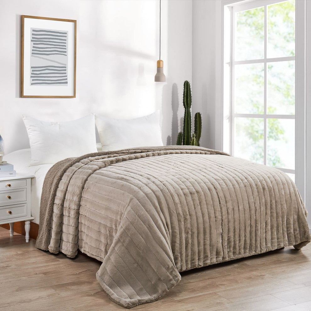 Super Mink Faux Fur Throw Blanket, Oatmeal, 118" X 95"