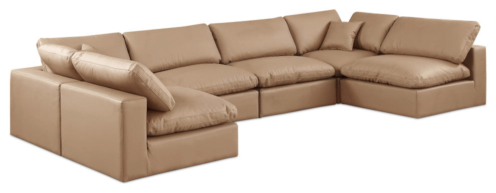 Comfy Upholstered U-Shaped Modular Sectional, Tan, 6-Piece: 4 Armless Chair, 2 Corner Chair, Vegan Leather
